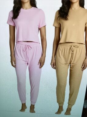 Real Essentials 2 Pack Two-Piece Lounge Set in Pink and Tan size XL